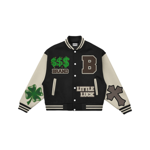 Veste universitaire pour homme, noire et beige, avec logo brodé, style preppy, coupe classique, motifs patchwork, veste de baseball pour homme - Product Image 3
