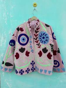 Women's Pink Velvet Printed Floral Quilted Cotton Lined Autumn/Winter Coat Breathable <b>Windproof</b> - Product Image 1