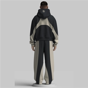 Survêtement en molleton de coton noir avec panneau beige uni pour homme - Product Image 4