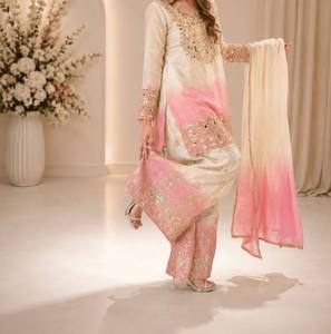 Ensemble Salwar Kameez en soie Vichitra brodée, véritable tenue indienne pakistanaise avec miroirs, beige rose, pour mariage et fêtes - Product Image 2