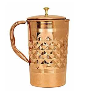 Angular Handle Hammered Copper Water Pitcher With Lid Ayurvedic <b>Jug</b> Kitchen Drinkware Serving Vessel - Product Image 3