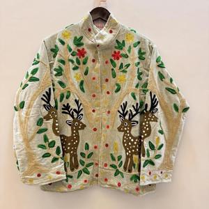 Luxury White <b>Velvet</b> Embroidered <b>Jacket</b> With Deer & Tree Pattern Full Sleeve Stand Collar Bohemian <b>Women</b> Autumn Outerwear - Product Image 1