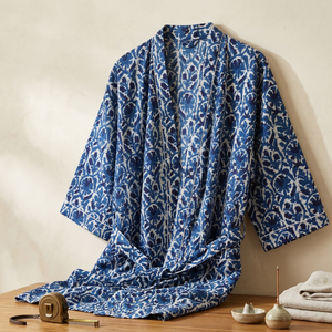 Robe kimono en coton bleu et blanc à fleurs pour femme, coupe ample, vêtement de détente, peignoir, col en V, ceinture, tenue décontractée d'été - Product Image 4