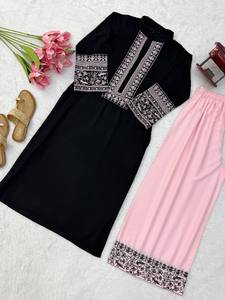 Black Embossed Rayon Cotton Salwar Kameez Set Women Ethnic Indian Pakistani Outfit Pink Pants Dupatta Quick Dry Wedding Wear - Product Image 5