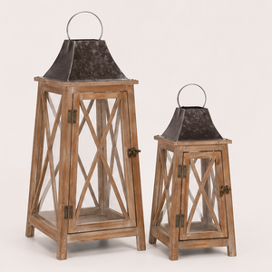 Classic Large Farmhouse Wooden <b>Lantern</b> <b>Set</b> of 2 Distressed Brown Candle <b>Lanterns</b> with Metal Top for Outdoor Garden and Indoor - Product Image 1