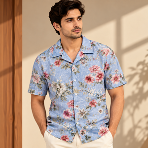 Elegant Mens Cotton Slub Camp Collar <b>Shirt</b> Short Sleeve Floral Printed Beach Wear Casual Summer Resort Fashion Wholesale Supply - Product Image 2