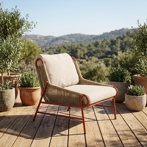 Contemporary Rattan <b>Garden</b> <b>Chair</b> Set with Beige Cushions Tapered Legs Outdoor Furniture Durable Aluminum Frame <b>Teak</b> Table - Product Image 5