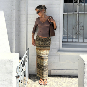 Jupe longue mi-longue pour femme, style bohème vintage, imprimé ethnique floral, taille haute, coupe trapèze, avec fente latérale, pour l'été et les vacances 2026 - Product Image 4