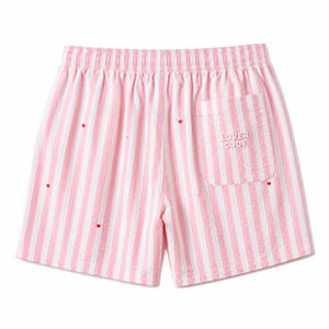 Pink Striped Seersucker Men's Mid Elastic <b>Boxer</b> Shorts Y2K Summer Heart Embroidery Rhinestone Detail Lightweight Cotton Poplin - Product Image 3