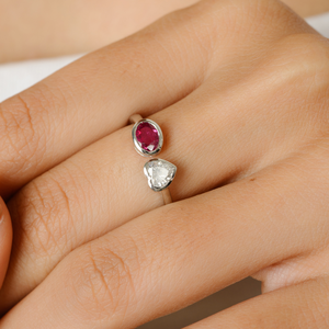 18K Gold Heart Diamond & Oval Ruby Toi Et Moi Ring - Product Image 1