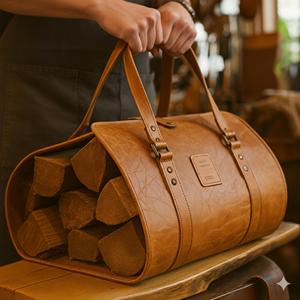 Sac de transport robuste en cuir véritable et bois pour bûches, style vintage rustique, pour cheminée LWC-0029 - Product Image 4