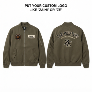 เสื้อแจ็คเก็ตบอมเบอร์ผู้ชาย ผ้าคอตตอนทวิลพรีเมียม 240 GSM สีเขียวมะกอก ปักลายปักแบบกำหนดเอง ป้ายปักเชนิลล์ ป้ายทอโลโก้ - Product Image 1