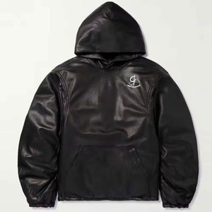 Conception personnalisée OEM, sweat-shirts à capuche en cuir véritable pour hommes, hiver, couleur unie, poches avant, 100% cuir, manches longues, décontracté, respectueux de l'environnement - Product Image 1