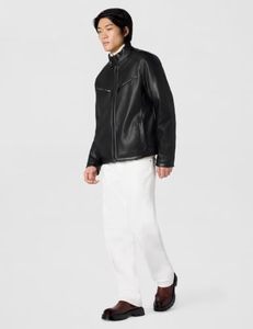 Chaqueta de Moto de Invierno para Hombre, de Cuero de Oveja Negro, Impermeable, con Cuello Alto, Cierre de Cremallera, Corte Regular, Color Sólido - Product Image 5