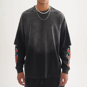 Wholesale Mens Acid Wash Double Layer T Shirt Custom Graphic Print Oversized Cotton Long Sleeve Streetwear Clothing Manufacturer - Product Image 6