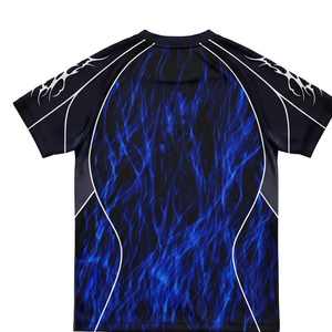Maillot de football noir à sublimation intégrale motif flamme bleue |   Sans col |   Manches courtes |   Unisexe |   Logo personnalisé |   Usine OEM en gros - Product Image 3