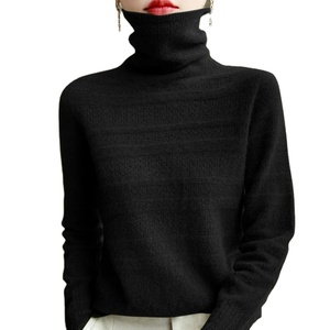 Pull en tricot de laine d'hiver pour femmes hauts décontractés avec bord à friser col roulé conception de vague pull de couleur unie pour le printemps automne - Product Image 1