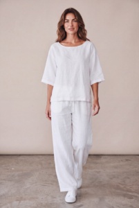 Ensemble deux pièces décontracté pour femme en coton slub uni, col rond, manches 3/4, avec poches, respirant, coupe ample, idéal pour l'été - Product Image 1