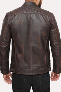 Veste moto en cuir véritable marron pour homme, col rabattu, fermeture à boucle, manches régulières, couleur unie, vêtement d'automne - Product Image 5