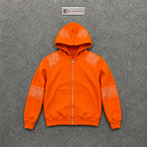Sudadera con capucha y cremallera para hombre, naranja, con pedrería, estilo oversize, estampado de copos de nieve, corte regular, estilo casual, de poliéster tejido, para otoño. - Product Image 5