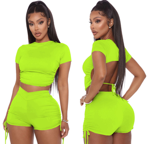 Custom Logo Women's Summer Eco-Friendly Nylon 2-Piece Casual Sport <b>Set</b> with Skinny Fit Short Sleeve Top & Above Knee Shorts - Product Image 3