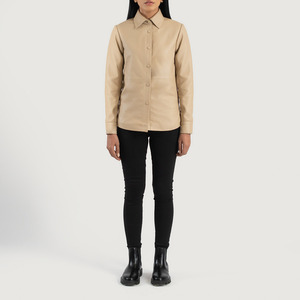 Chaqueta de Cuero Beige Genuino Ecológico de Alta Calidad para Mujer, Estilo Motero, Accesorios, Venta al por Mayor, Colores Personalizados, Logotipo OEM, Botones - Product Image 6