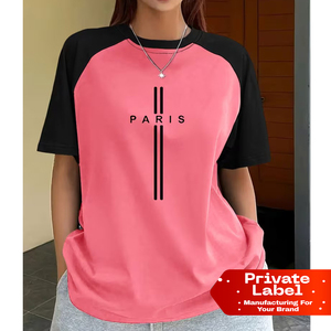 เสื้อยืดแขนสั้นพิมพ์ลายตัวอักษรปารีสสำหรับผู้หญิง แขนเสื้อแบบแร็กแลนสีบล็อกกิ้ง เสื้อทรงหลวมแฟชั่นฤดูร้อน - Product Image 1
