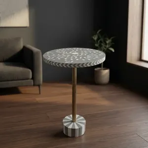 Mesa Auxiliar Moderna con Patrón Floral Redondo, Pedestal de Metal y Base Geométrica, Mueble Decorativo Contemporáneo para Sala de Estar - Product Image 3
