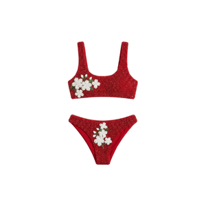 Ensemble de bikini deux pièces fait main à fleurs rouges perlées, en tissu coton/spandex, maillot de bain de haute qualité pour femme, avec push-up et paréo - Product Image 1