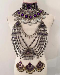Collar de Monedas Afganas Vintage con Gemas Moradas, Colgantes de Plata Antigua, Motivos Triangulares, Cadenas Multicapa, Estilo Étnico - Product Image 3