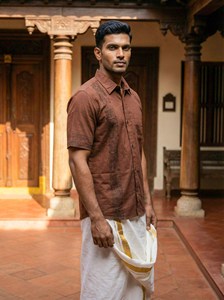 Handcrafted Men Brown Cotton <b>Shirt</b> with Ethnic Border Details Artisanal Casual Wear Pure Cotton Fabric <b>Shirt</b> - Product Image 2