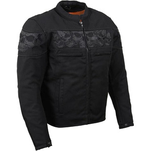 เสื้อแจ็คเก็ตมอเตอร์ไซค์ SAMROZ SPORTS รุ่น Unisex สีดำ ทำจากหนังและผ้าบุหนา น้ำหนัก 220 กรัม สำหรับทุกฤดู พร้อมลายศิลปะหัวกะโหลกสะท้อนแสง - Product Image 1