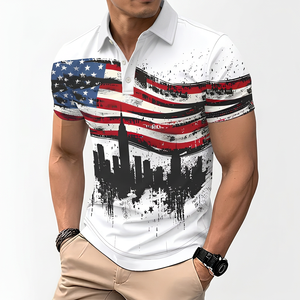 Polo en coton pour homme à manches courtes, imprimé, décontracté, respirant, design tricoté, logo frontal, blanc, rouge, bleu - Product Image 6