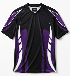 FURAT LEATHERS Camiseta de Fútbol Unisex Negra y Morada con Cuello en V, Manga Corta, Absorbente de Humedad, Estampado Sublimado, Corte Regular - Product Image 1