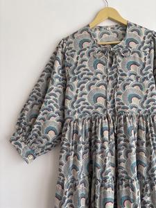 Vestido Midi Boho para Mujer, Estampado Geométrico, Manga Abullonada Tres Cuartos, Corte Holgado, Cuello Redondo, Cintura Elástica, Estilo Vintage, Casual de Primavera - Product Image 2