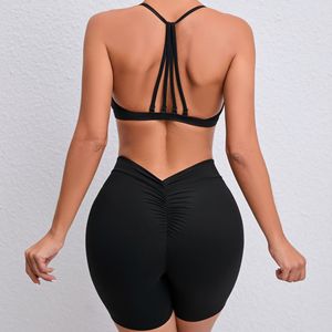 2 Piece Yoga Set Women Crisscross Strap Ruched Butt High Waist Shorts Solid Black Active Stretch - Product Image 1