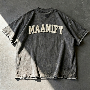 Camiseta de Manga Corta para Hombre, Estilo Streetwear, Personalizada, Vintage, con Bordado Chenille, Corte Cuadrado, Lavado Ácido, Efecto Desgastado, Textura Waffle, Venta al Por Mayor - Product Image 6