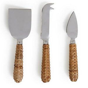Juego de cuchillos para queso de latón con mango de ratán tejido, solo lavar a mano, 3 piezas, utensilios para queso - Product Image 1