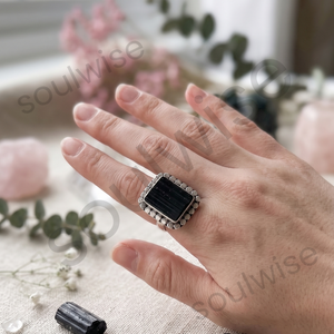 Soulwise Natural <b>Black</b> Tourmaline Cabochon Oval Shape Trendy Unisex <b>Ring</b> - Product Image 5