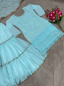 Faux Georgette With Heavy Embroidery And 5mm Sequence Work With Moti Less With Sleeves Top Sharara and Dupatta Set - Product Image 2
