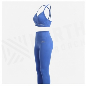 Conjunto de Yoga Personalizado de 2 Piezas, Top Deportivo sin Costuras con Espalda Cruzada y Cuello Redondo, Leggings de Cintura Alta, Ropa Deportiva de Color Sólido para Mujer - Product Image 3
