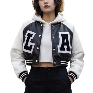 Women Cropped Varsity Hooded Leather <b>Jacket</b> with <b>Sheep</b> <b>Skin</b> Detail Winter Windproof Chenille Patch - Product Image 1