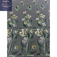 Tissu en tulle brodé de perles et de sequins à motif floral végétal, avec bordure, pour robes de soirée
