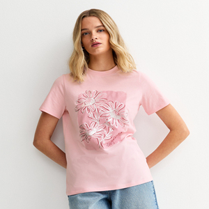 Camiseta de Mujer con Bordado Floral Rosa, Cuello Redondo, Manga Corta, Estilo Casual, 100% Algodón Jersey, Estilo Primavera Verano - Product Image 1