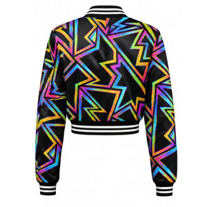 Chaqueta Bomber con Estampado Geométrico para Mujer, Ropa de Otoño, Manga Larga, Cierre de Cremallera, Cuello Camisero, Material de Poliéster, Corte Corto - Product Image 3