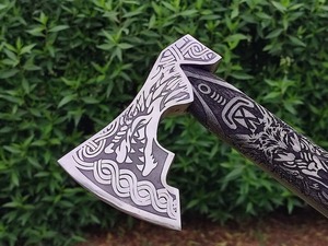 Norse Design Tomahawk <b>Axe</b> Forged Steel Wood <b>Handle</b> 18-19 Inch Survival Tool Custom Engraved Pattern Viking Style - Product Image 5