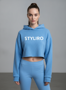 Women's Cropped Hoodie Blue Letter Print Sweatshirt Regular Sleeve Knitted Cotton Autumn Wear - Product Image 2