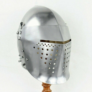 Bascinette d'armure de chevalier - Acier plaqué argent poli - Casque médiéval - Visière articulée - Doublure en cuir - Impression typographique - Product Image 4