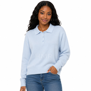 Cardigan en acrylique bleu clair à manches longues et col boutonné, style polo décontracté, de la sororité HMR Sisterhood - Product Image 1