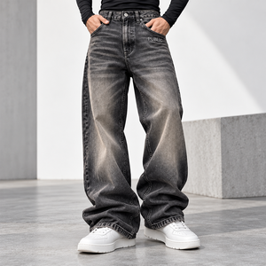 Custom <b>Men</b> Vintage Faded Wash Baggy Denim <b>Jeans</b> 100% Cotton <b>Relaxed</b> Wide Leg Streetwear Stacked Denim Pants with Embroidery Logo - Product Image 1